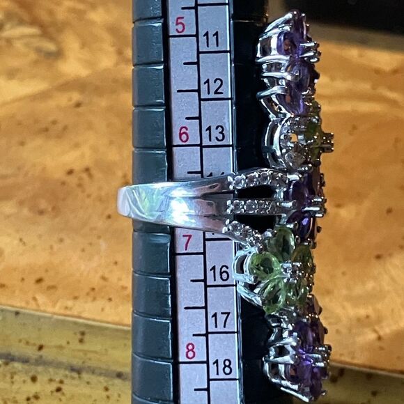 Natural Amethyst Peridot Sterling Silver Cocktail Ring - Picture 7 of 8